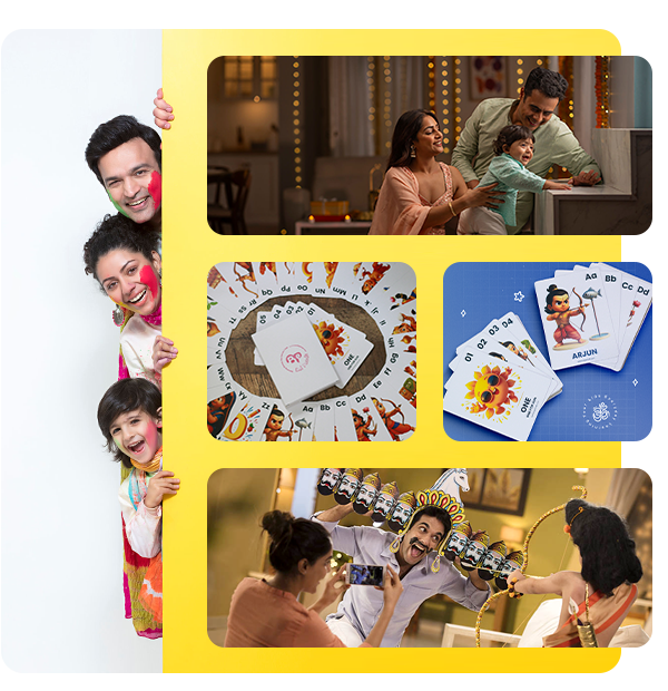 Families, children, and Bal Pandit flashcards representing the brand vision, mission, and values