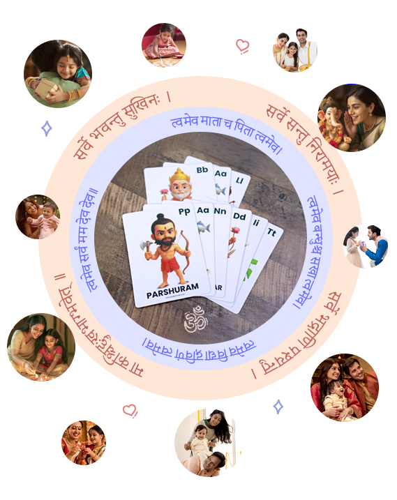 Bal Pandit flashcards surrounded by meaningful parent and child learning moments